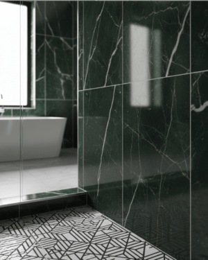 Green Marble Finish and Geometric Mosaic Flooring